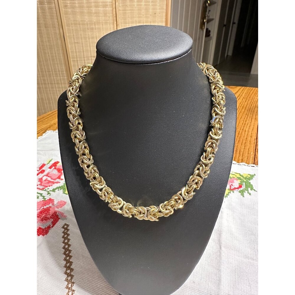 Vintage Gold-Tone Byzantine Chain Necklace 18" Heavy Link Statement Jewelry With
